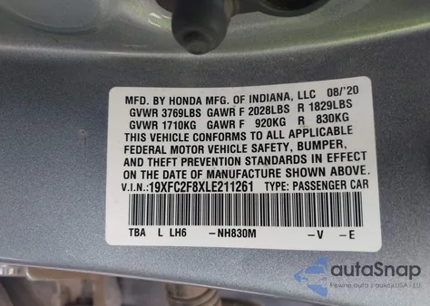 2020 Honda Civic Sport z USA, uszkodzony, nr VIN 19XFC2F8XLE211261